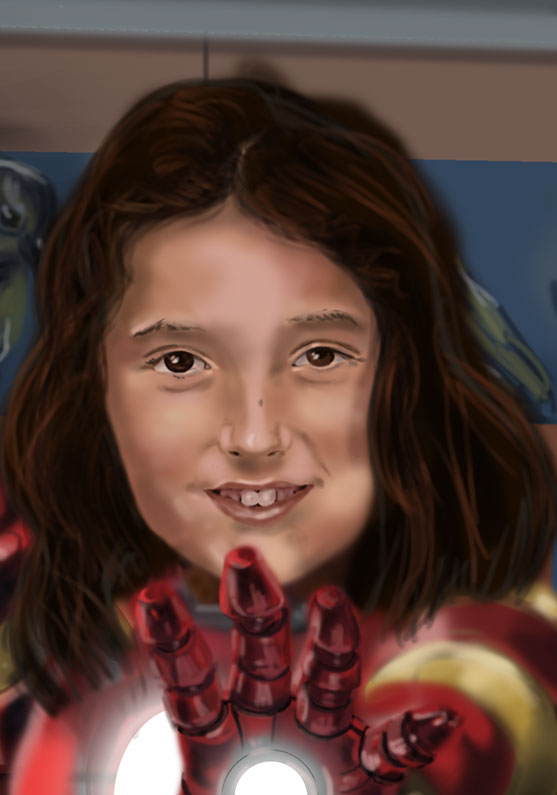 Niña fan de Iron Man. Ilustración de una niña de 11 años dentro de la armadura de Iron Man