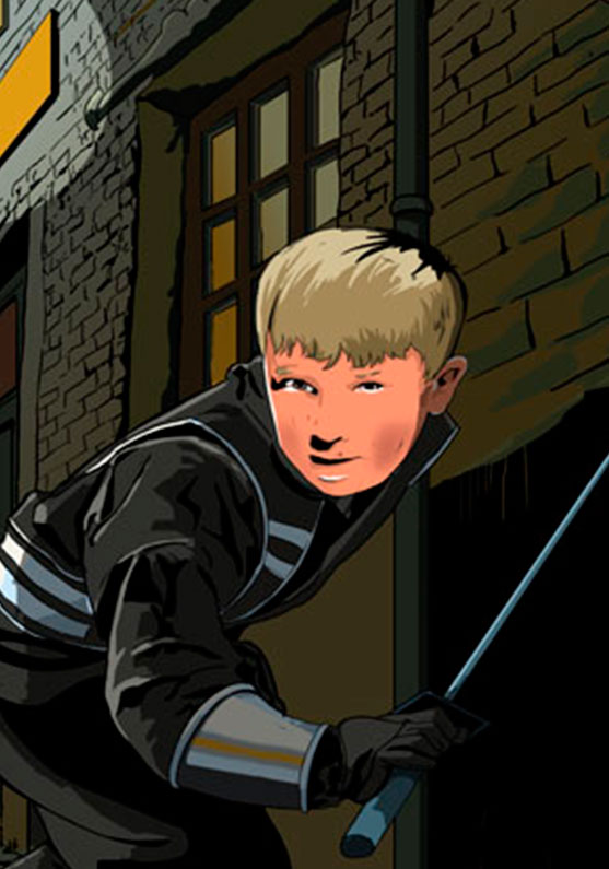 Dibujo a color de un joven ninja recorriendo las nocturnas calles del norte de inglaterra
