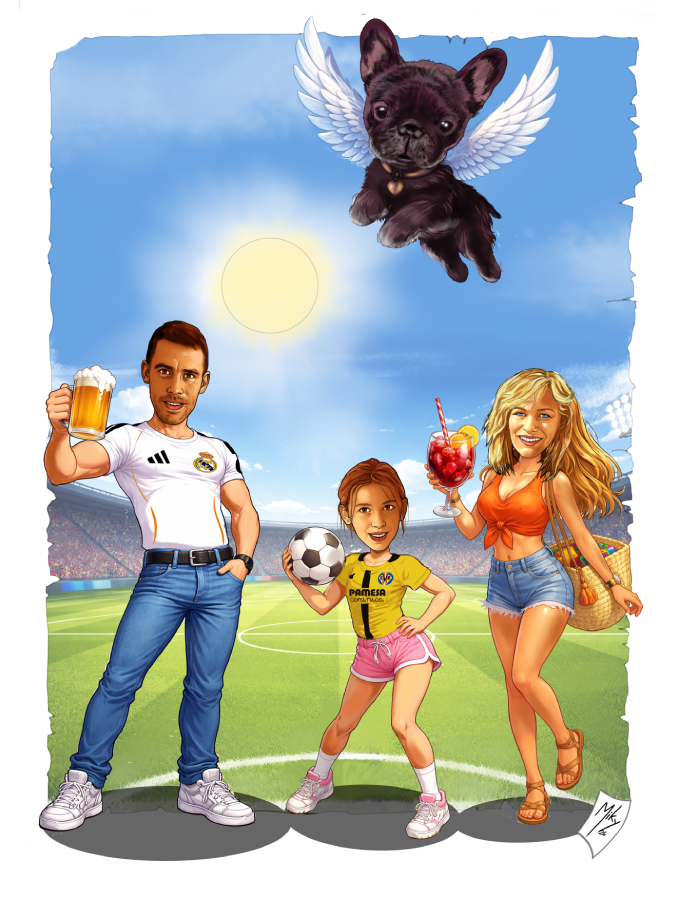 /Divertido dibujo personalizado de una familia futbolera unido por su pasión por el fútbol. Una ilustración original y llena de detalles simpáticos, perfecta para regalar y recordar momentos especiales en familia. Ideal como regalo personalizado para amantes del deporte y del buen humor.
