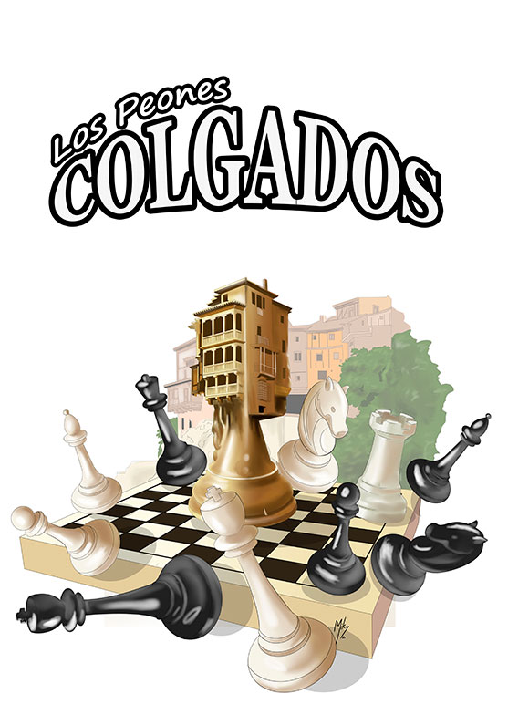 /Una ilustración que mezcla un tablero de ajedrez y las casas colgadas de Cuenca. Peones colgados
