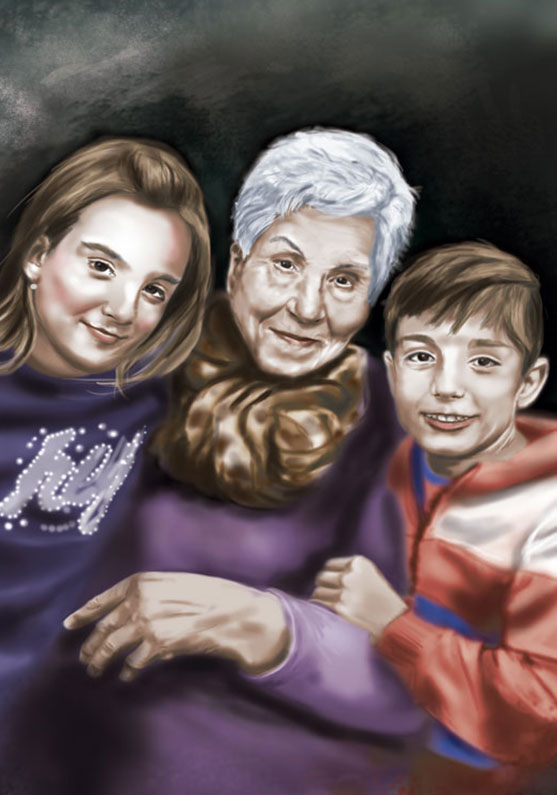 Retrato de la abuela y dos de sus nietos, posando sonrientes en una posición cómoda