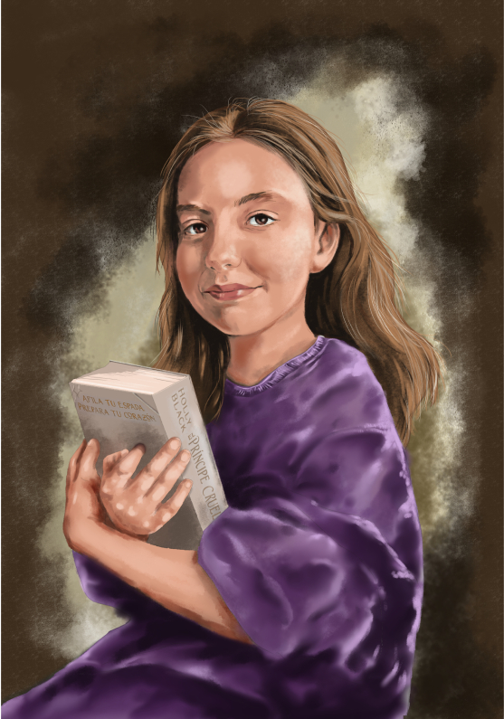 Retrato de una niña sobre lienzo con un libro entre las manos