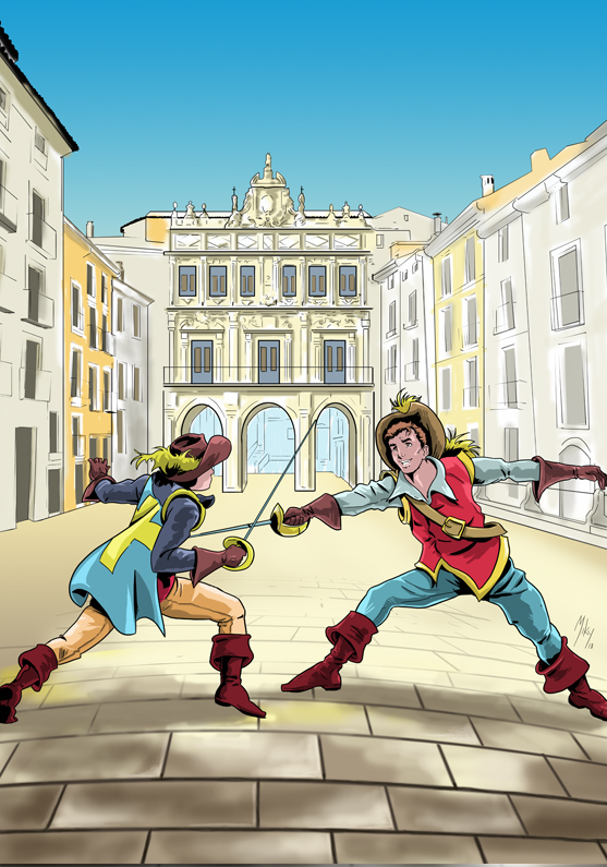 Ilustración realizada a lápiz, entintado y coloreado digital. Dibujo para el cartel de esgrima promoción de Cuenca 2018