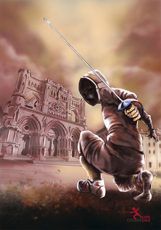 Ilustración realizada a lápiz, entintado y coloreado digital. Dibujo para el cartel de esgrima provincial de Cuenca 2018