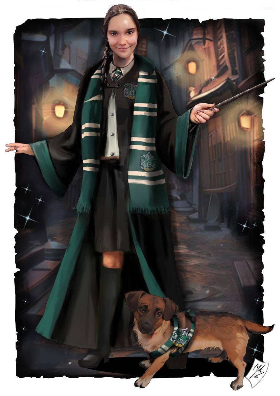 /Retrato de una chica vestida con las ropas de la casa de Slytherin, basado en la saga de Harry Potter