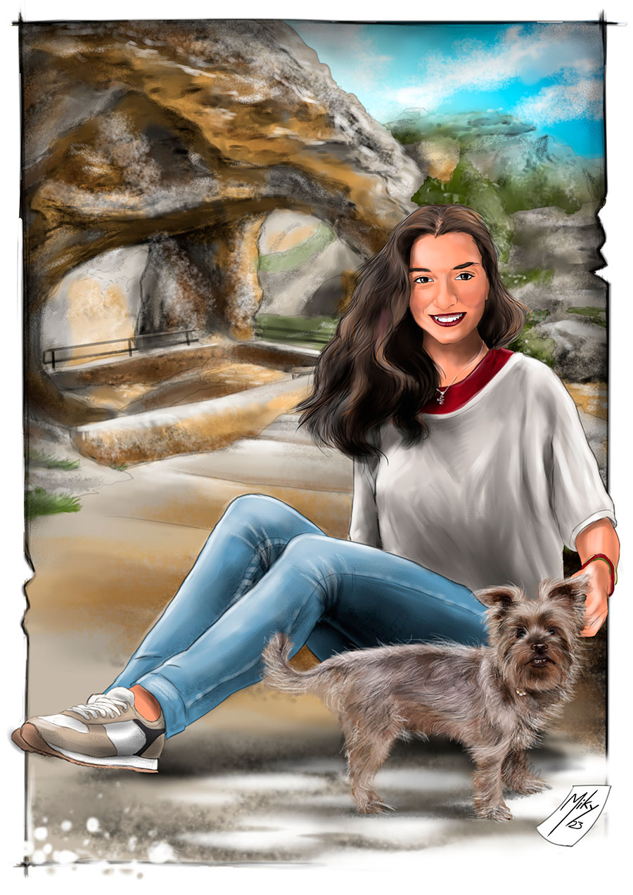 /Chica joven posando con su perro en el Ventano del Diablo de Cuenca