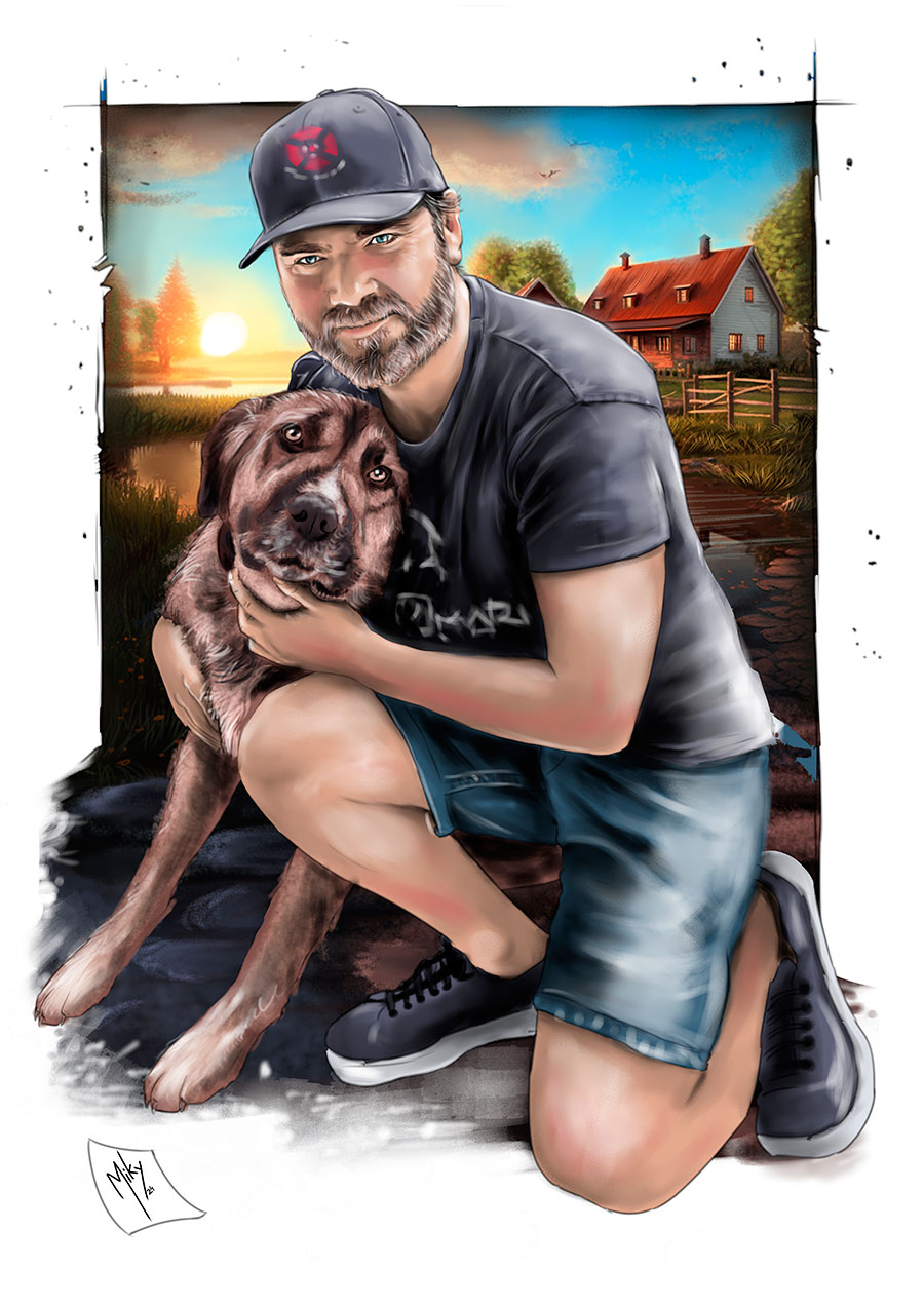Retrato de un joven con su perro. Técnica mixta. lápiz, carboncillo, pastel y retoque digital a tamaño A3