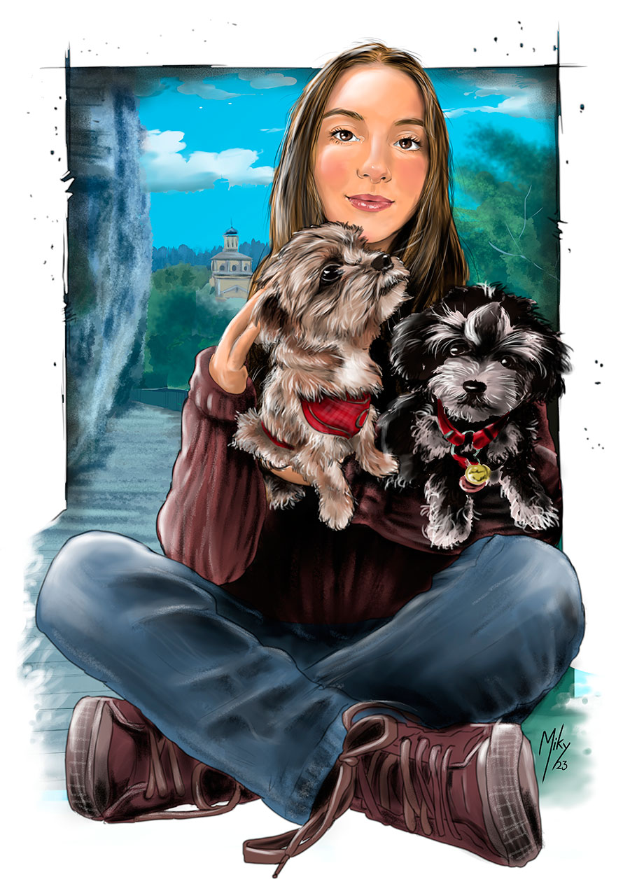 Retrato de una joven con sus dos perritos. Técnica mixta y retocado digital