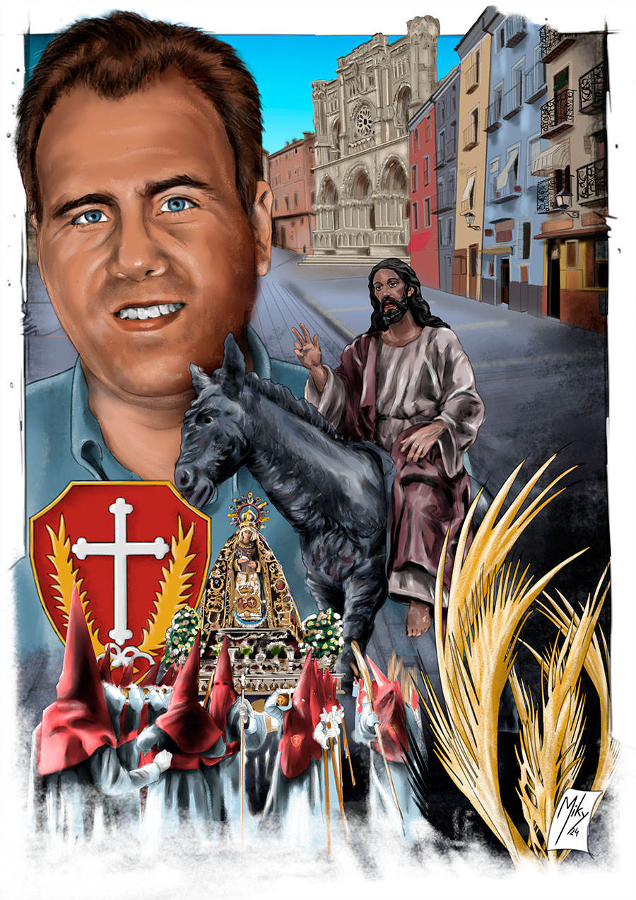 Retrato de Julián Recuenco que es el pregonero de la Semana Santa de Cuenca 2024. Retrato con el paso de la Borriquilla