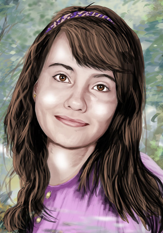 Retrato de una joven sonriente con un fondo primaveral. Ilustración realizada a tamaño A2 en soporte papel
