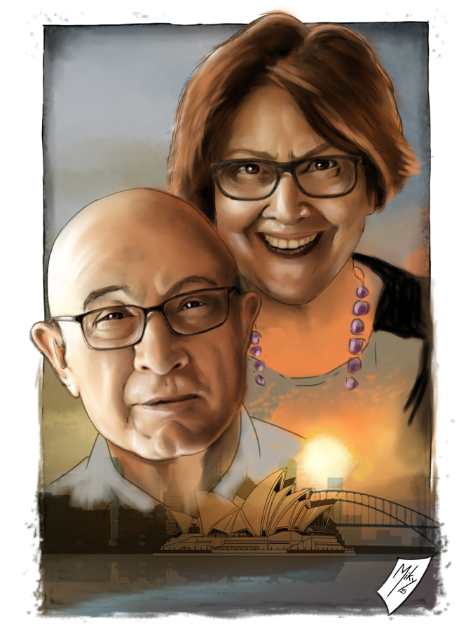 /Retrato de una pareja de Australianos y de fondo la Opera House de Sydney, Australia