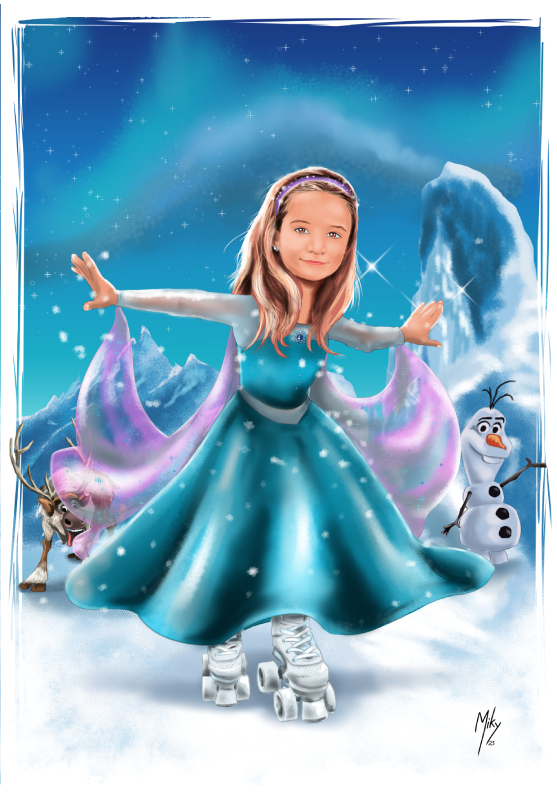 Ilustración de una niña amante del patinaje artístico, patinando en un mundo ideado por Frozen