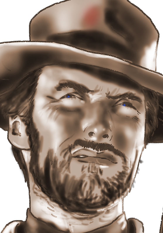 /Dibujo de la protagonista de los spagetti western de Sergio Leone, Clint Eastwood el hombre sin nombre