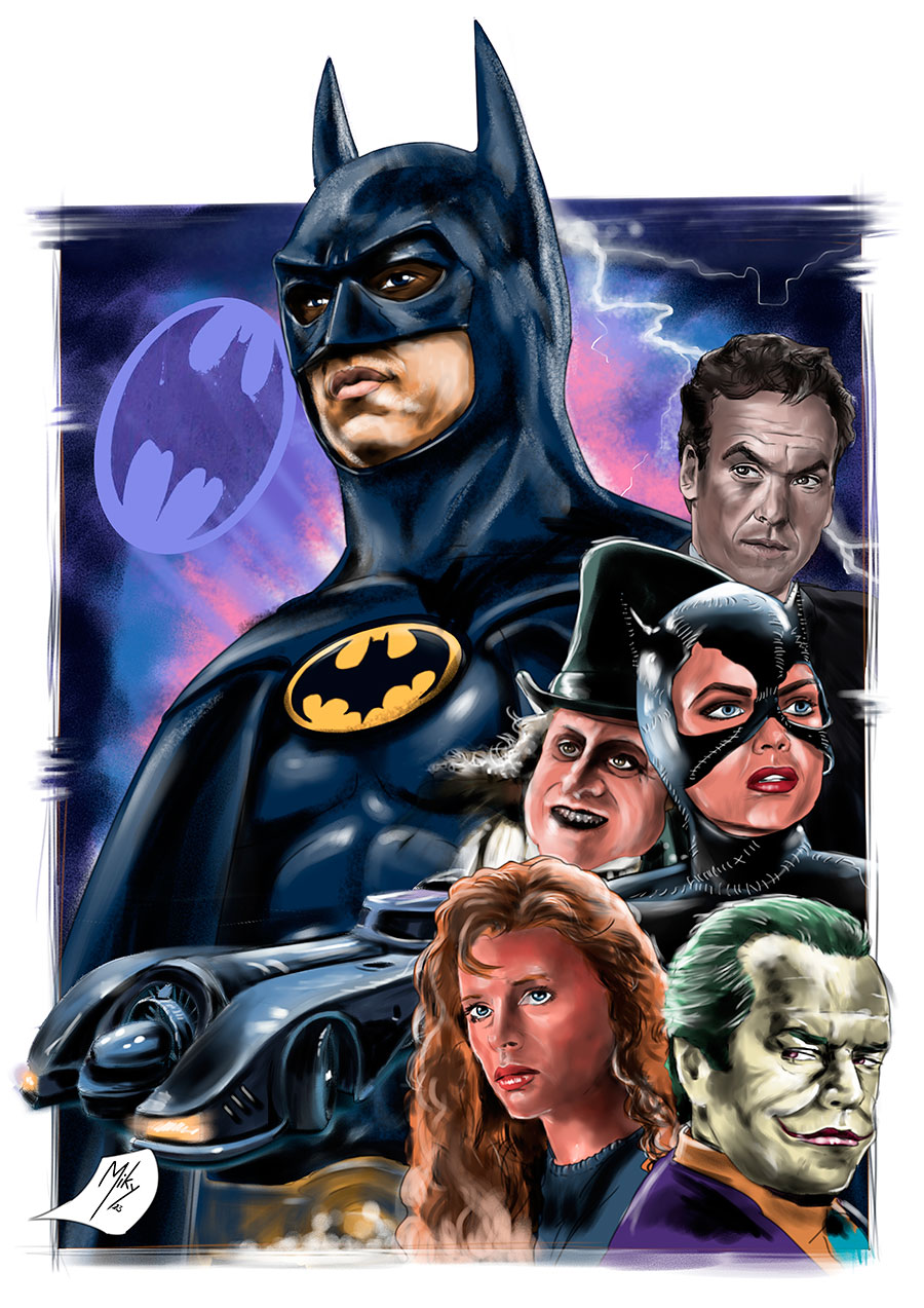 Batman del director Tim Burton y del actor Michael Keaton. Representación de las peliculas Batman y Batman vuelve