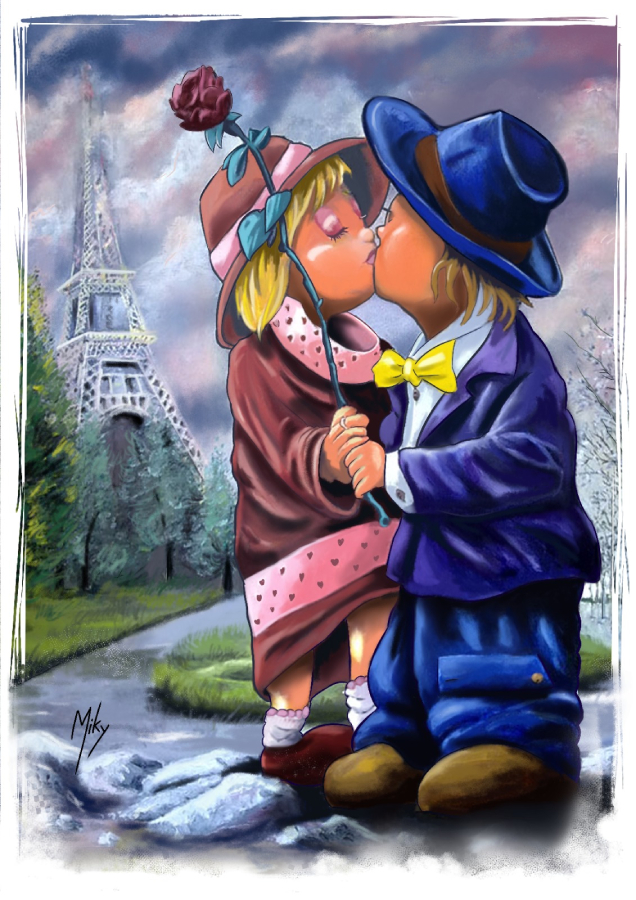 Ilustración de una hermosa escena de un beso en la ciudad de París