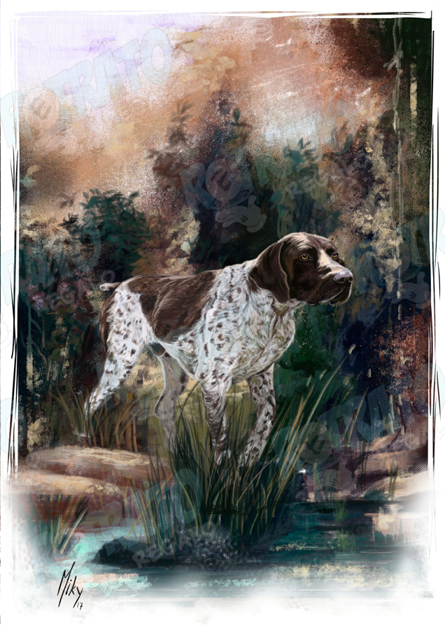 Original realizada a pincel oleo de un perro de caza de raza Braco Alemán sobre un paisaje con colores tierra, verdes y azules.