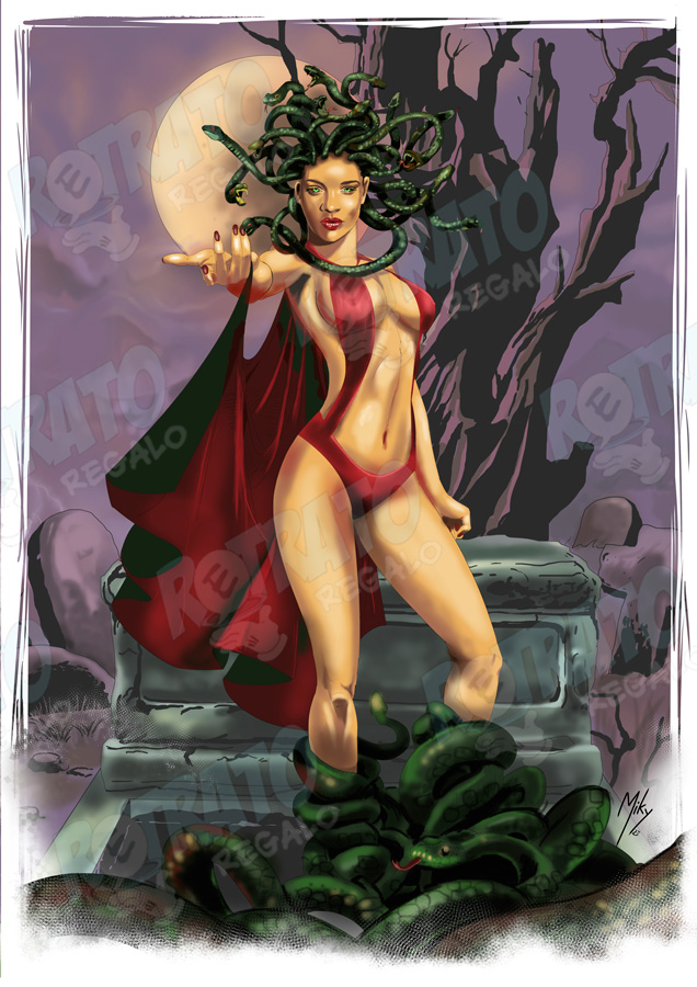 Lámina de Medusa, ser de la mitología griega, ilustración con el rostro de Rihanna