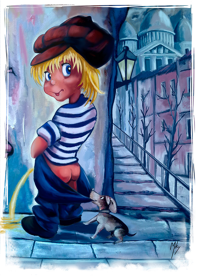 Ilustración de una escena donde un chico está meando en una calle de París
