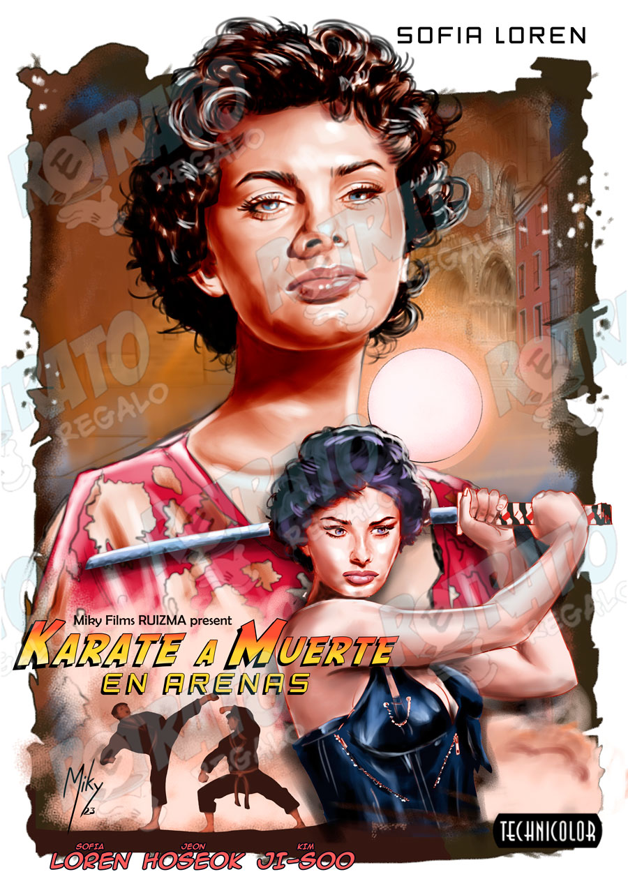 Cartel de una película ficticia de Sofia Loren, karate a muerte en Arenas. Saga Peliculas Imposibles