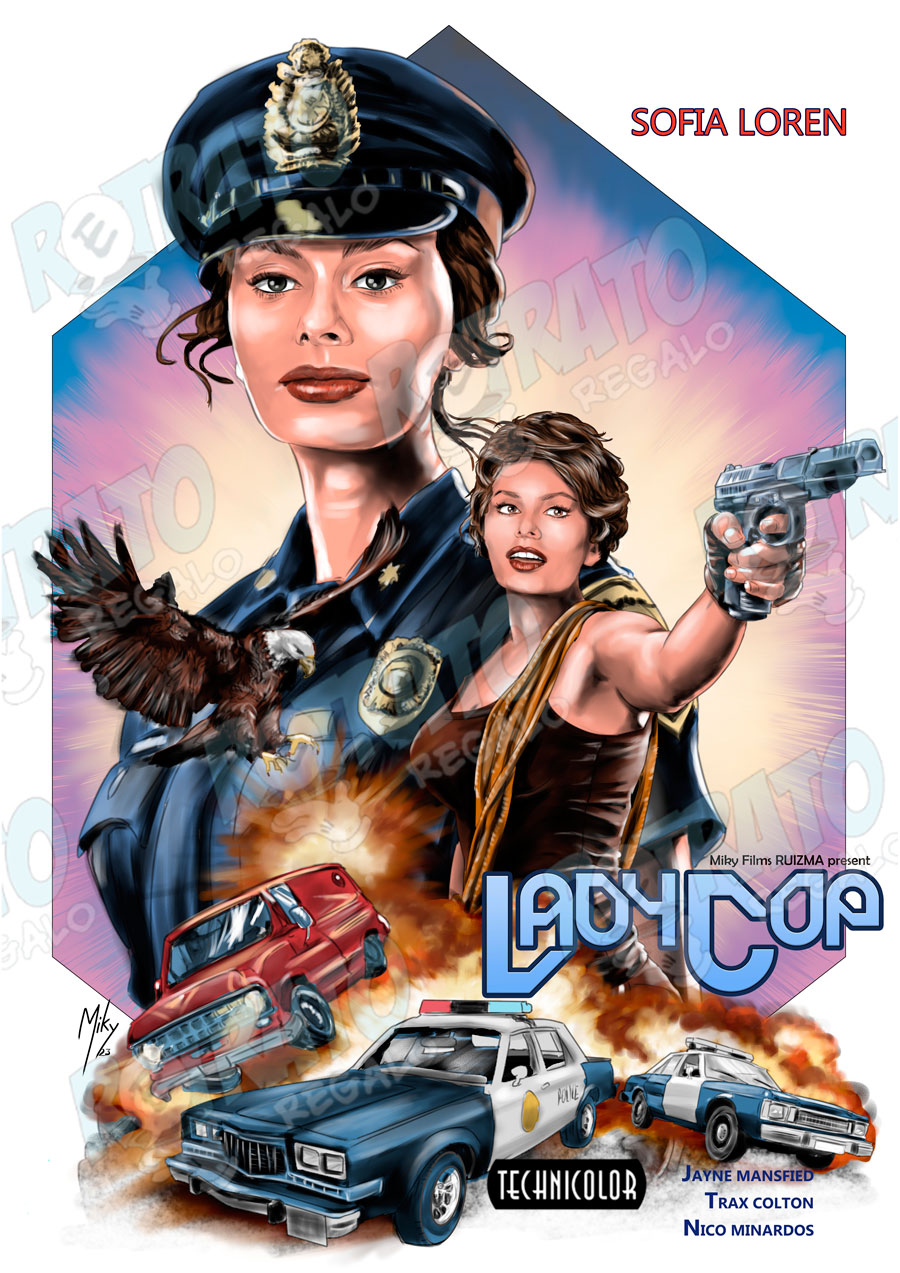 Cartel de una película ficticia de Sofia Loren, Lady Cop. Saga películas imposibles