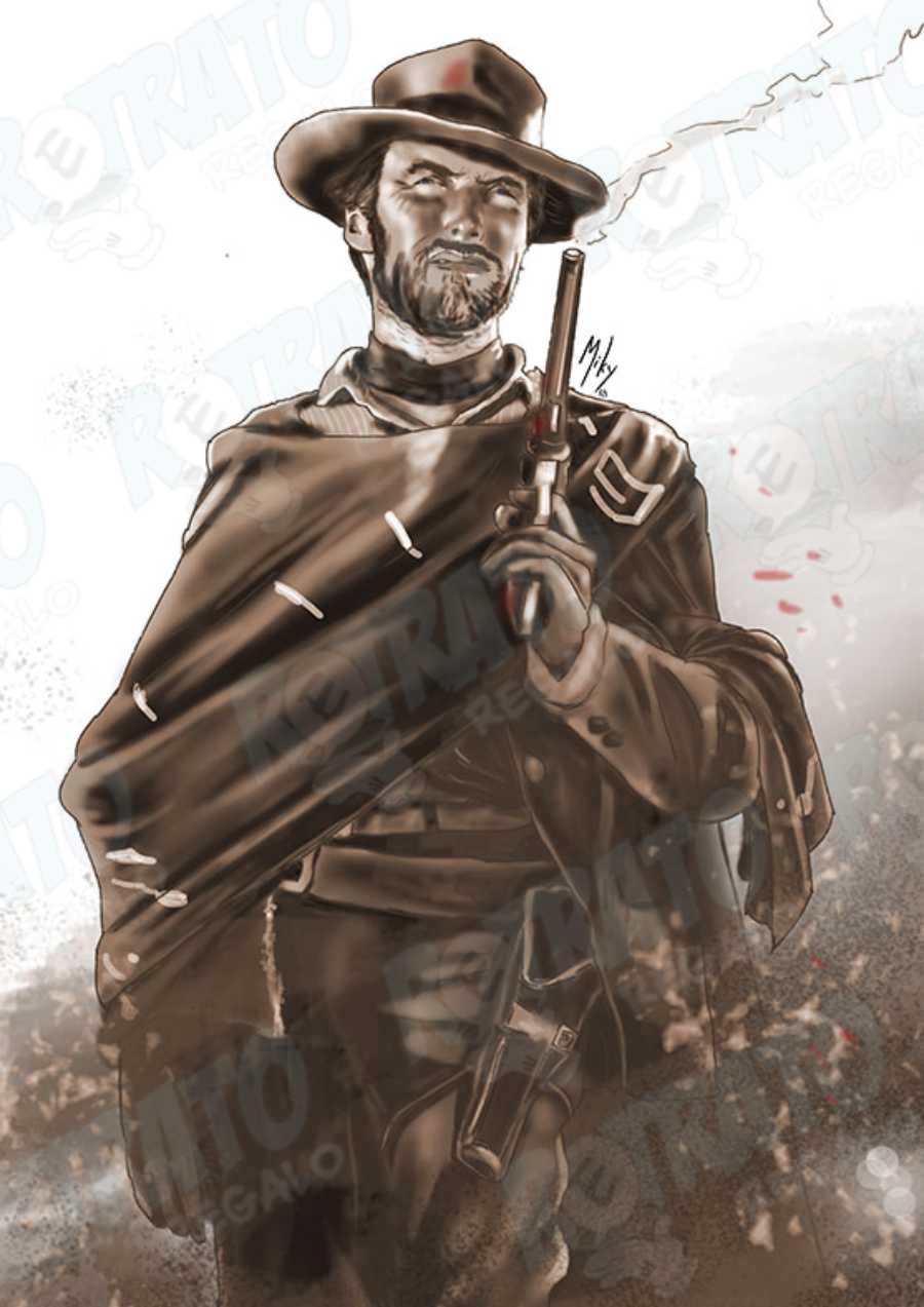 Dibujo de la protagonista de los spagetti western de Sergio Leone, Clint Eastwood el hombre sin nombre