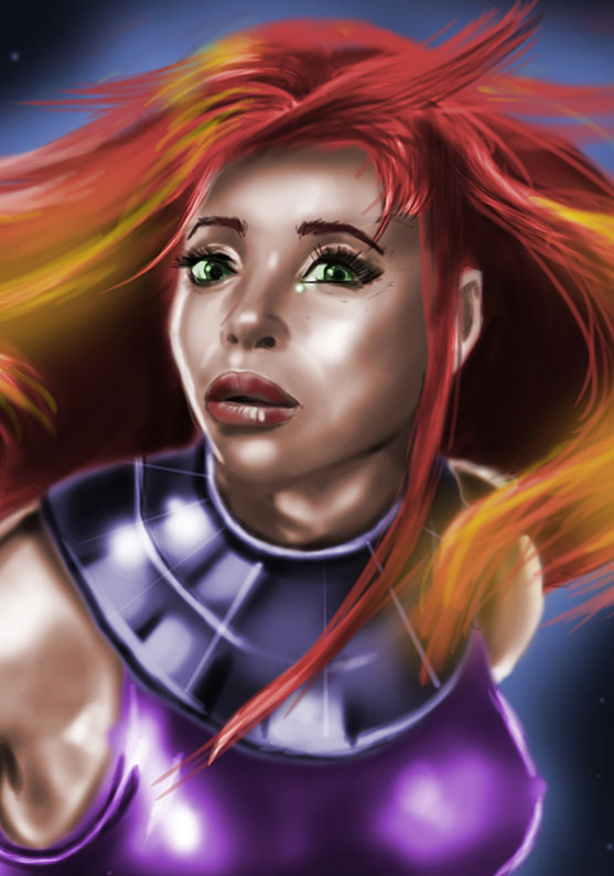 Ilustración del personaje del cómic de la casa DC, Starfire. Caracterizada con el rostro de la actriz Anna Diop de la serie Titans