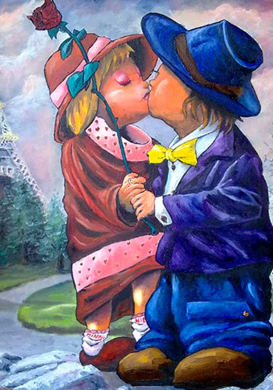 /Ilustración de óleo sobre tela. Niño besando a su primer amor de juventud sobre la torre eiffel