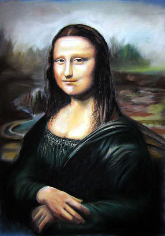 /Interpretación libre sobre el cuadro de la Gioconda de Leonardo da Vinci con óleo sobre tela. Tamaño 65x54 cm.