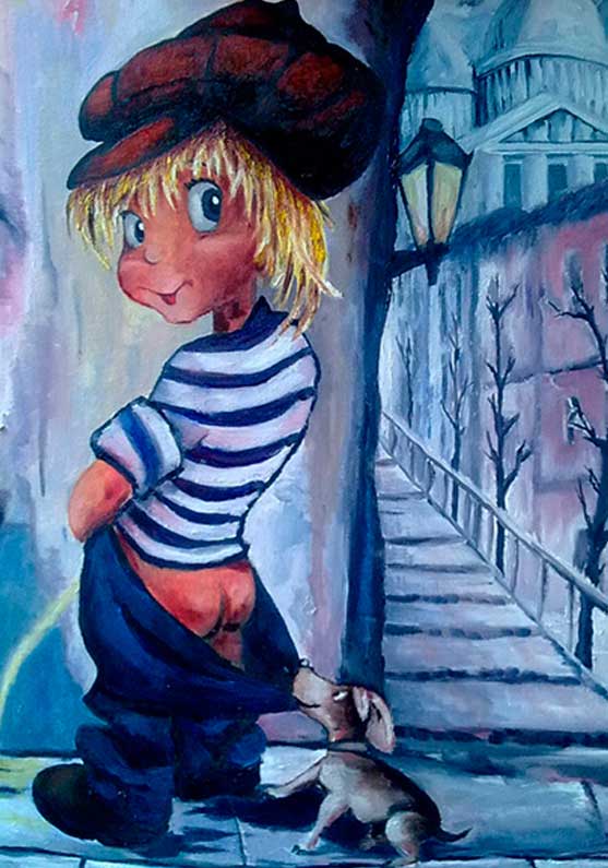 /Ilustración de óleo sobre tela. Niño miccionando en un muro en una calle de París