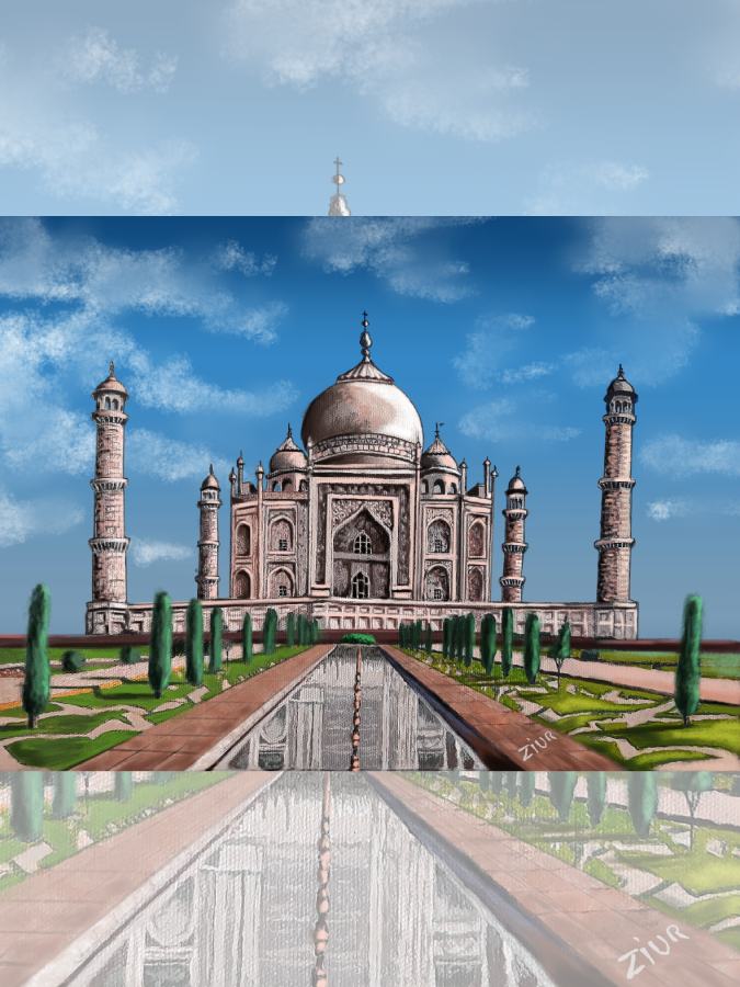 COLECCIÓN ZIUR: Cuadro al óleo del Taj Mahal. Considerado el más bello ejemplo de tumba, estilo que combina elementos de las arquitecturas islámica,​ persa,​ india e incluso turca.
