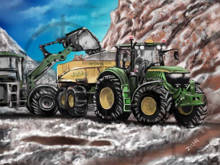 Colección ZIUR: Acción de una excavadora cargando un remolque tirado por un tractor. Cuadro sobre óleo