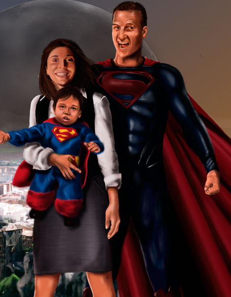 Detalle 1 Ilustración de familia simulando ser Superman, Lois Lane y Superboy. Sobre foam 42xm x 60cm