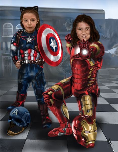 Detalle 1 Ilustración de unas pequeñas niñas fans de los comic de Marvel. Iron man y Capitán América en la piel de dos dulces niñas. Ilustración sobre foam 42xm x 60cm