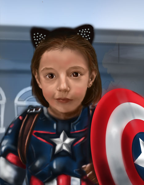 Detalle 2 Ilustración de unas pequeñas niñas fans de los comic de Marvel. Iron man y Capitán América en la piel de dos dulces niñas. Ilustración sobre foam 42xm x 60cm