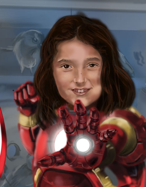 Detalle 3 Ilustración de unas pequeñas niñas fans de los comic de Marvel. Iron man y Capitán América en la piel de dos dulces niñas. Ilustración sobre foam 42xm x 60cm