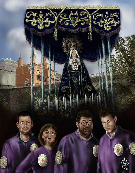 Detalle 1 Ilustración de familia posando junto a la Virgen de la Soledad del Puente de Cuenca. Sobre lienzo 42xm x 60cm