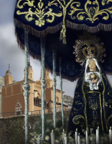 Ilustración de familia posando junto a la Virgen de la Soledad del Puente de Cuenca. Sobre lienzo 42xm x 60cm