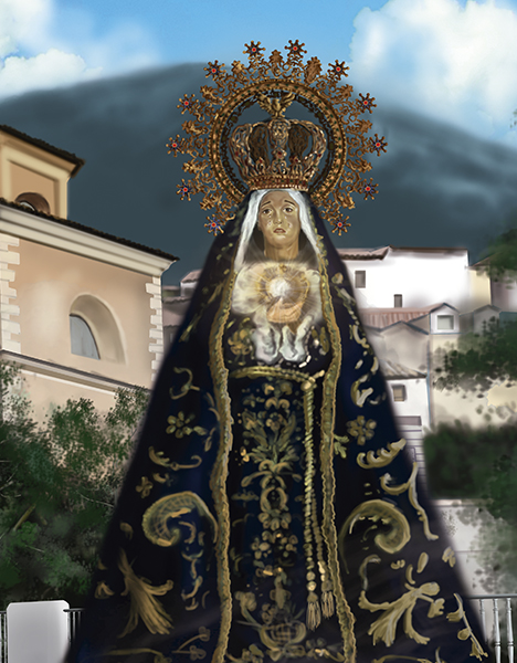 Detalle 2 Ilustración de nazareno posando junto a la Virgen de la Soledad del Puente de Cuenca, al fondo la Iglesia de San Antón de Cuenca. Sobre lienzo 42xm x 60cm