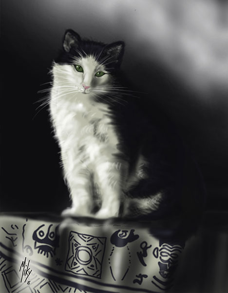 Detalle 1 Ilustración de la gata Palmira con ojos verde. Realizado en colores grises y ojos de color verde. Sobre foam 42xm x 30cm