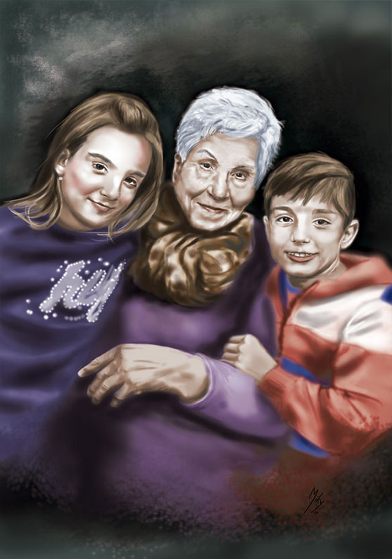 Detalle 1 Retrato de la abuela y dos de sus nietos, posando sonrientes en una posición cómoda