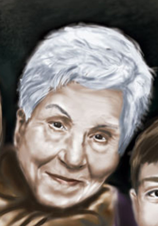 Detalle 3 Retrato de la abuela y dos de sus nietos, posando sonrientes en una posición cómoda