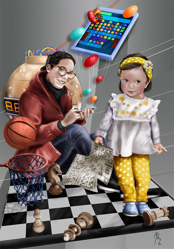 Detalle 1 Retrato de una madre y de su hija. La madre está reodada de las cosas que le gustan como el ajedrez, baloncesto, el candycrush y el programa boom