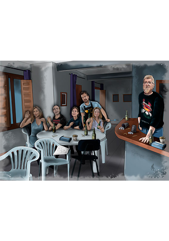 Detalle 1 Ilustración de un bar en el pueblo de Beamud de Cuenca. En la imagen el dueño y sus amigos