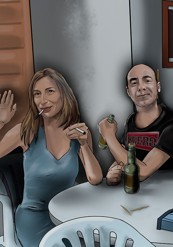 Detalle 3 Ilustración de un bar en el pueblo de Beamud de Cuenca. En la imagen el dueño y sus amigos
