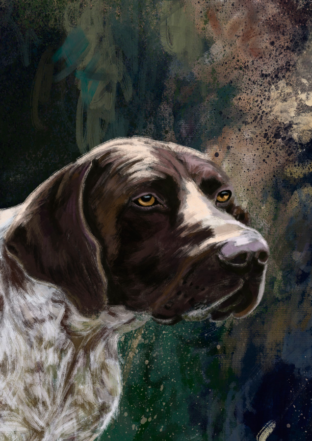 Detalle 2 Original realizada a pincel oleo de un perro de caza de raza Braco Alemán sobre un paisaje con colores tierra, verdes y azules.