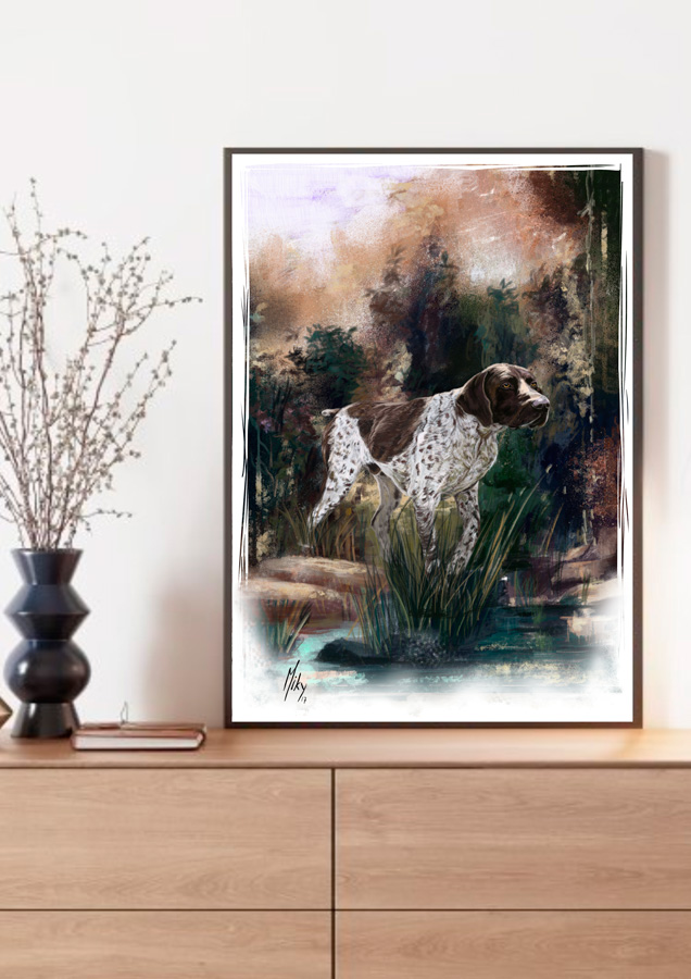 Detalle 3 Original realizada a pincel oleo de un perro de caza de raza Braco Alemán sobre un paisaje con colores tierra, verdes y azules.
