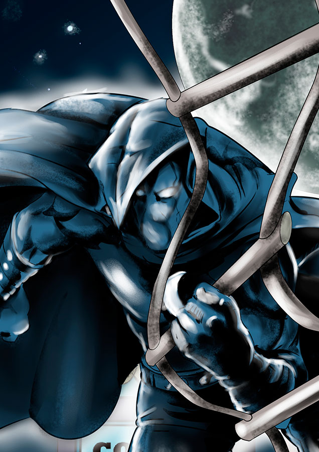 Detalle 2 Ilustración de un personaje del cómic de la casa de Marvel. El personaje se llama Caballero Luna