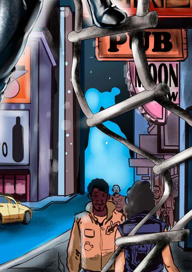 Detalle 3 Ilustración de un personaje del cómic de la casa de Marvel. El personaje se llama Caballero Luna