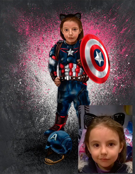 Gran fan de Disney y de Marvel. Ilustración de una niña de 6 años como Capitán América.
