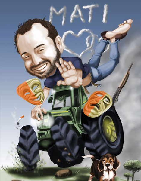 Detalle 1 Representación de Sergio encima de su tractor y su perro.